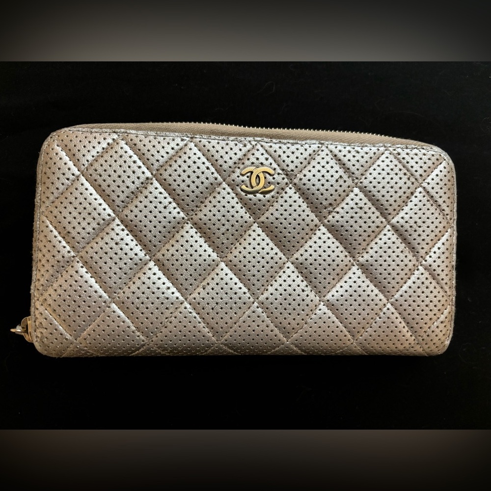 Chanel Silver Perforated Zippy Wallet